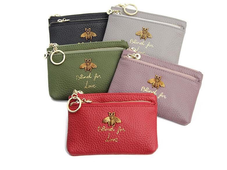 

Cowhide bee lady zip leather purse fashion key bag mini coin bag, Grey