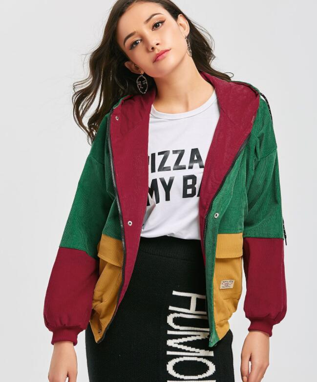 

Women 2018 Designer Winter Bomber Jackets Corduroy Material Colors Patch Contrast Hooded Jacket Coats, Dark green
