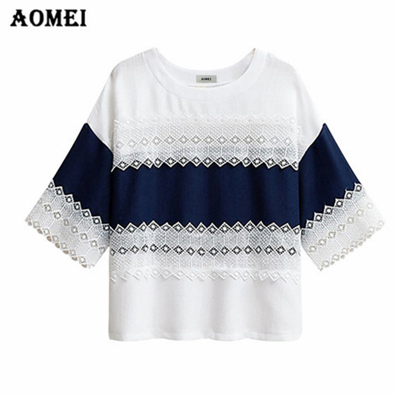 

Summer Ladies T Shirts Tops Shirt Navy Blue White Patchwork Lace Girls Ethnic Style Retro Casual Fashion Women Plus Size 4XL 3XL