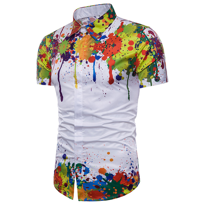 

Mens Casual Shirts Splash Ink Colors Printed Male Summer Turn Down Collar Thin Tees, White