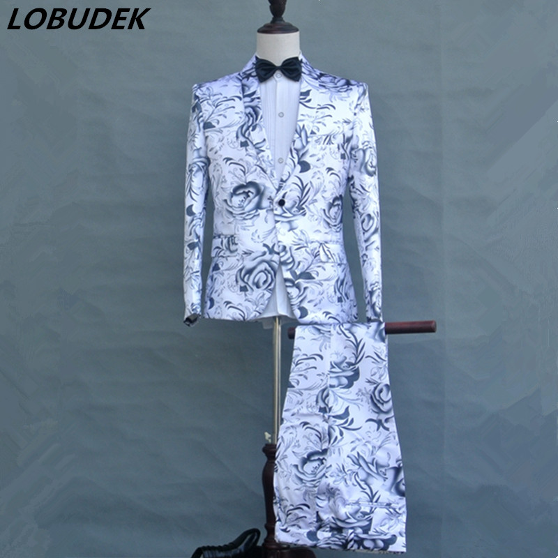 

(jacket+pants) Male slim suits England style Formal 2 piece sets Wedding Groom dress Party Celebration clothing Host show stage costumes