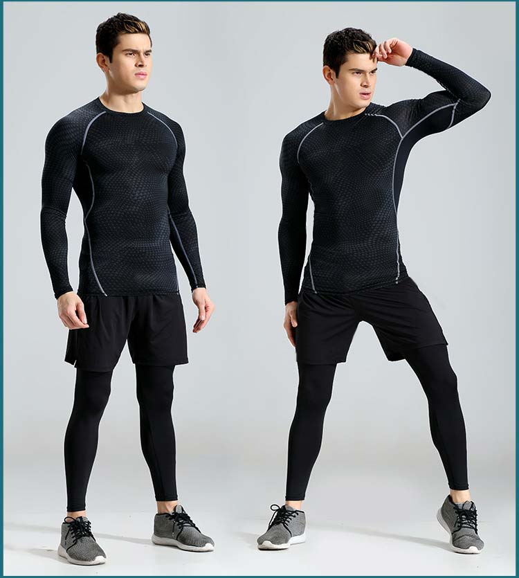 

Fitness clothing suits men's three-piece long-sleeved quick-drying tight running sportswear training cycling suits, Black