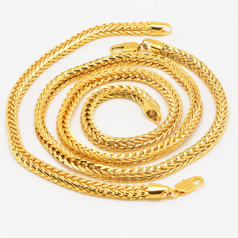 Jewelry Set Massive Fashion Accessories 18k Yellow Gold Filled Solid Womens Mens Necklace Bracelet Bone Chain Link-image-413253387