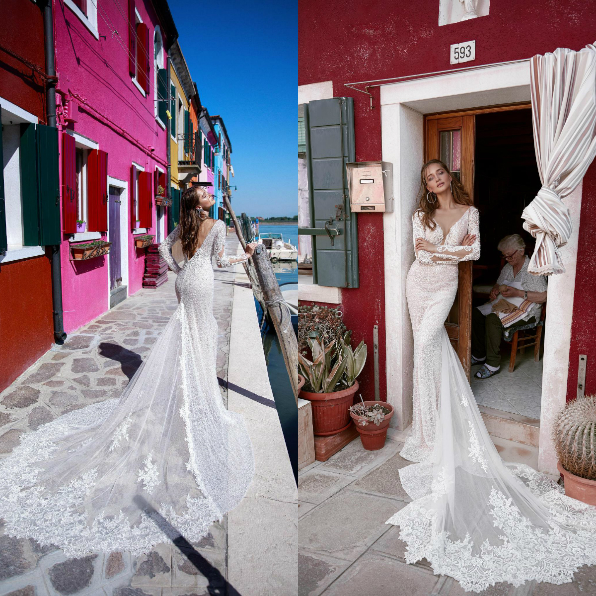 Ricca SPOSA 2019 Robes de mariée Sirène Vol Col Dentelle Applique de luxe Pleine Pleading Longue manches Haute Sans retour Trian Plus Taille Robe