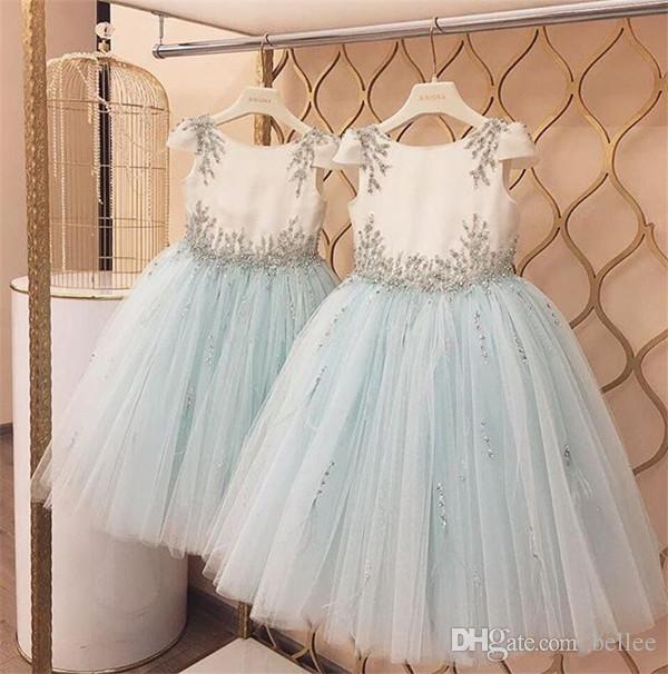 

Princess Flower Girl Dresses Ball Gown Jewel Cap Sleeve Floor Length Girls Pageant Dresses With Crystal Beads Tulle For Wedding Party, Hunter