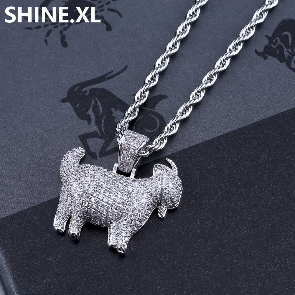 

Hip Hop Iced Out Animal Goat Pendant Necklace Gold Silver Plated Micro Paved Zircon Chain Link With Rope Chain