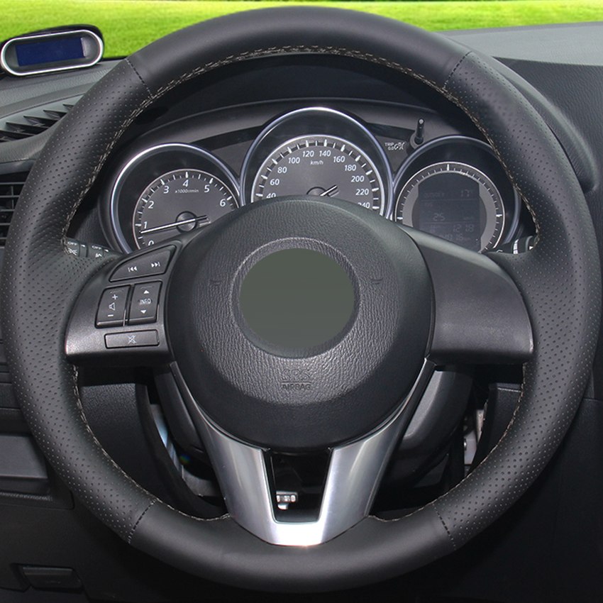 Black Genuine Leather Car Steering Wheel Cover for Mazda CX-5 Mazda 3 2013-2016 Mazda 6 2014-2016 Scion iA 2016-image-430760149