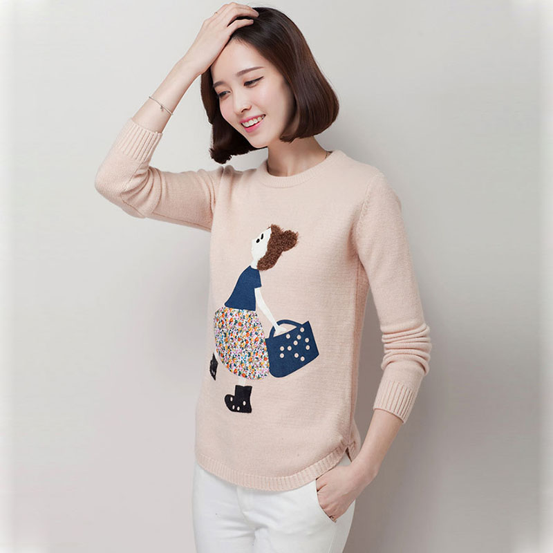 2018 Autumn Women Pullover Sweater Fall Knitted Long Sleeve Black Knitwear Sweaters Fashion New Arrival Female Pull Character