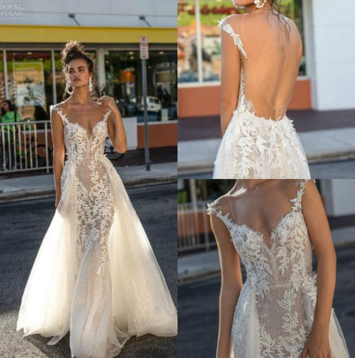 

Berta Spring 2019 Mermaid Wedding Dresses With Overskirts Spaghetti Lace Backles Bridal Gowns vestido de novia Beach Plus Size Wedding Dress, White