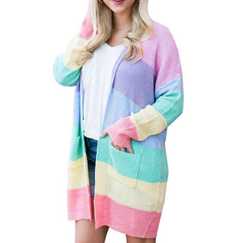 Grande taille Cardigans femmes tricots 2018 nouveau arc-en-ciel rayé moyen Long manteau automne femme à manches longues pull point ouvert manteau
