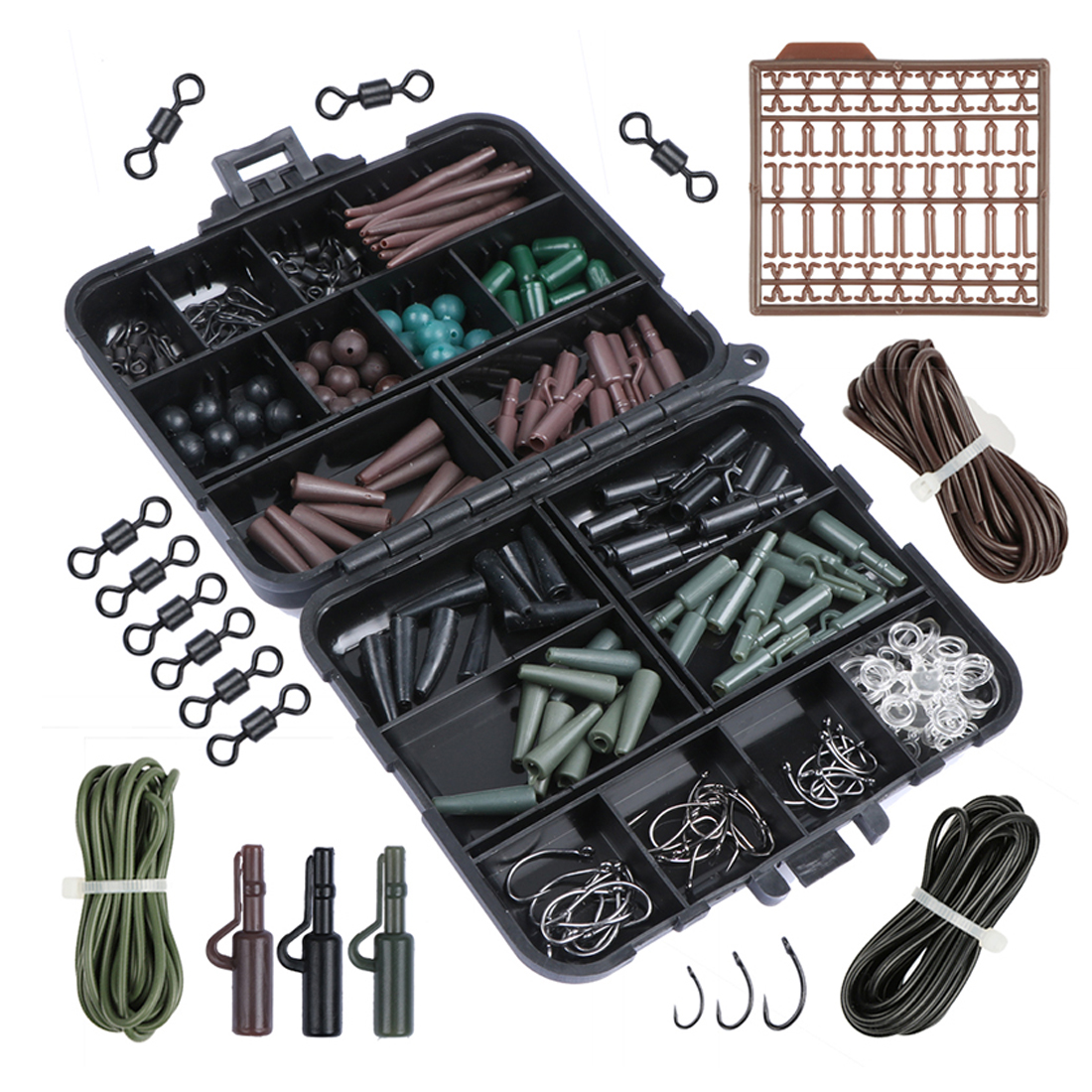 INFOF 187Pcs/set Carp Fishing swivels Set Carp Tubes Safety Clips Hooks Swivels Kit Hair rigs With Hard Plastic Tackle Box-image-410132017