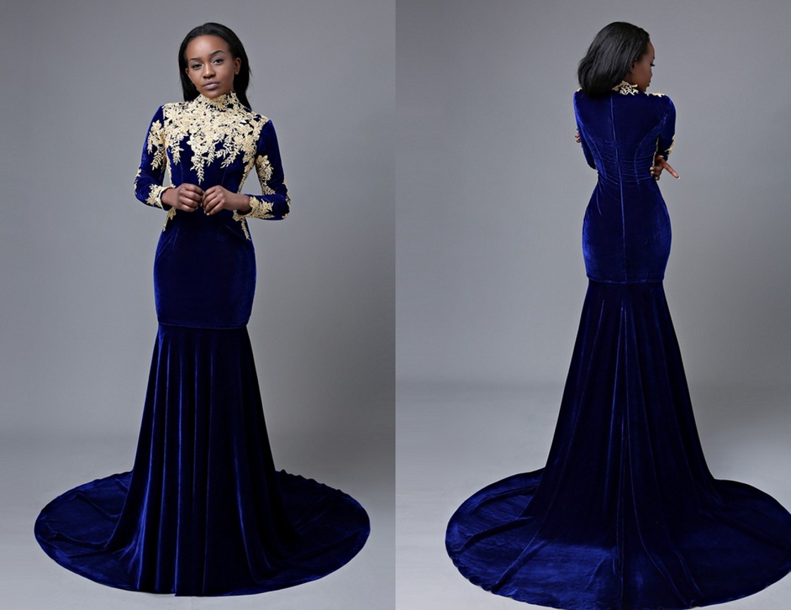 

Fashion Velvet Mermaid Prom Dress Cheap Royal Blue Long Sleeves 2020 Gold Lace Applique Sweep Train Zipper Evening Formal Dress Gowns, Dark red
