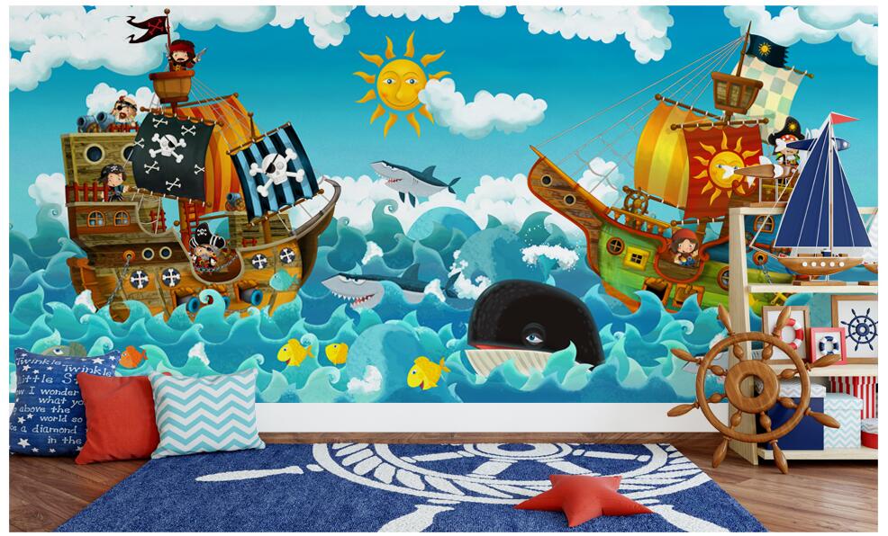 

3d wallpaper custom photo mural Child boy room cute cartoon pirate Home decoration Background wall 3d wall murals wallpaper for walls 3 d, Sky blue