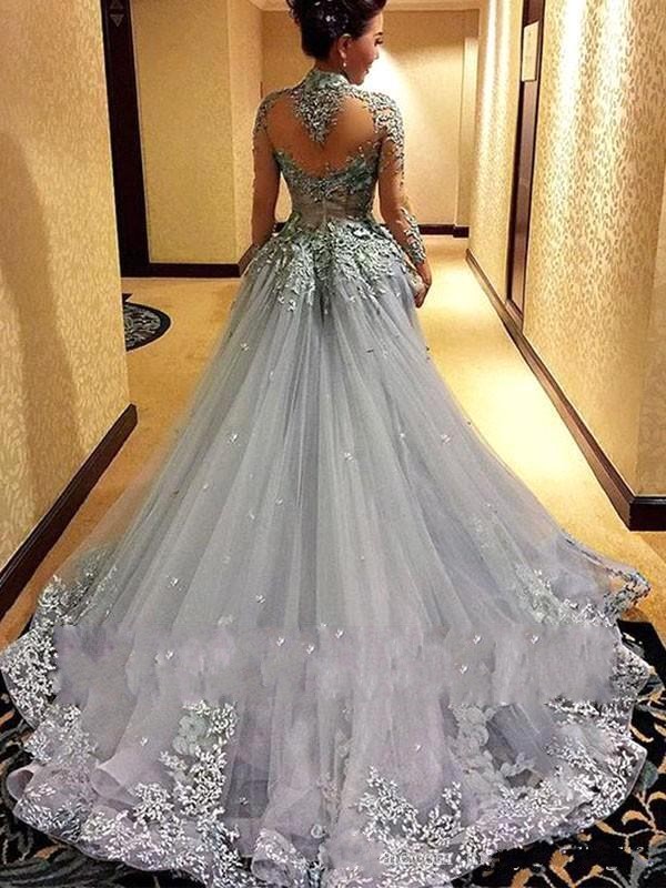 

Evening Dresses 2018 Cheap Arabic High Neck Illusion Lace Appliques Beaded Gray Tulle Long Sleeves Hollow Back Peplum Party Dress Prom Gowns, Ivory