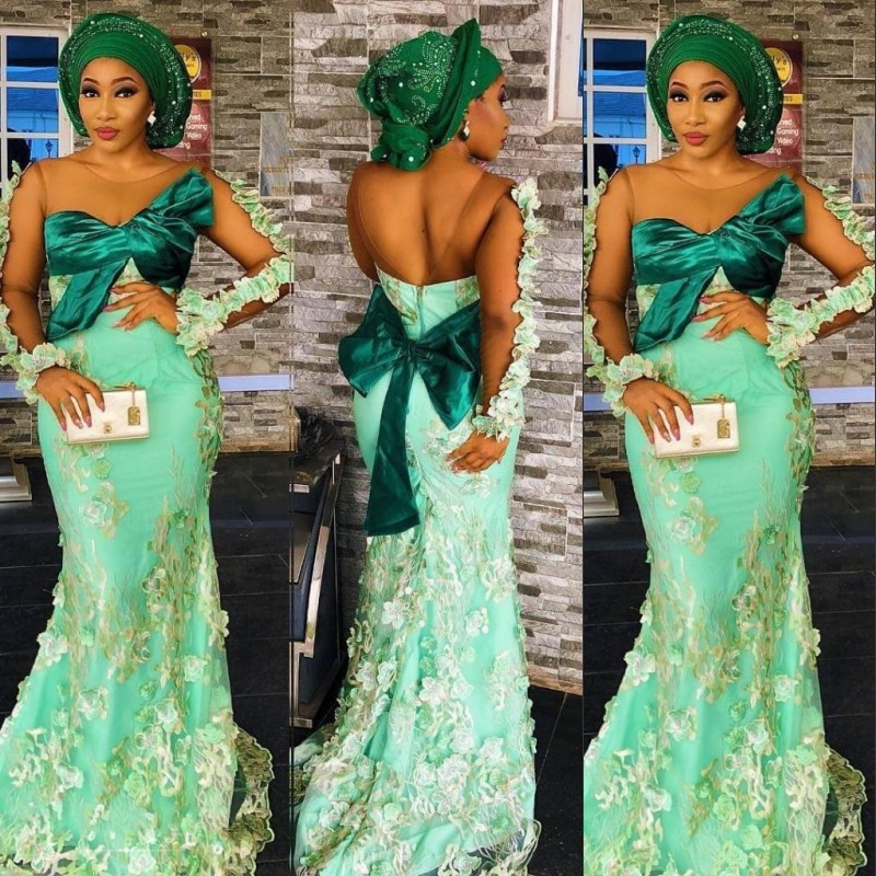 

Sheer Long Sleeve Prom Dresses Sexy See Through Jewel Neck Petals Lace Appliques Mermaid Party Dresses Big Bow Backless Saudi Evening Dresse, Dark green