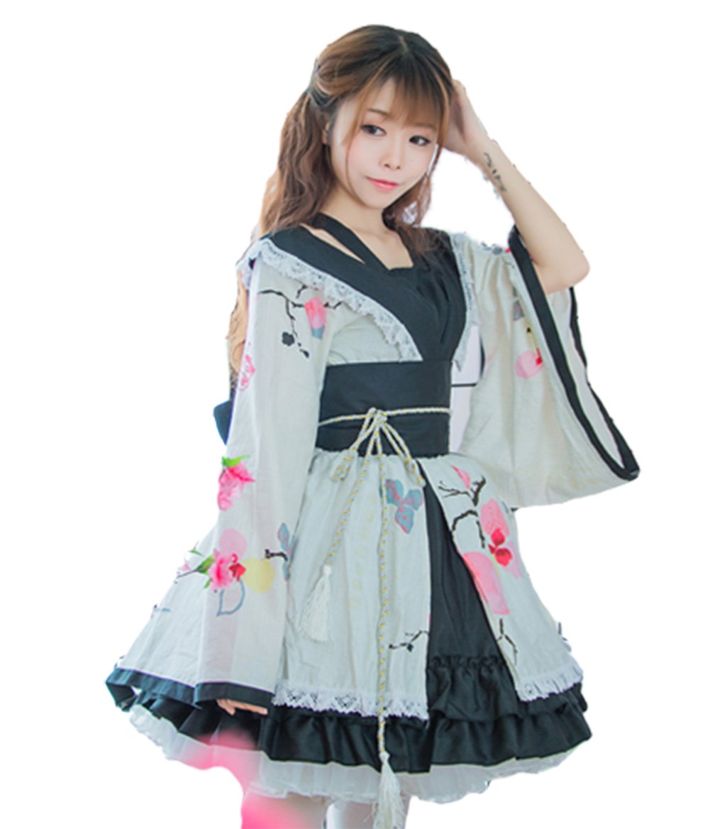 Super Sonico The Animation Flowers Kimono Black Dress Cosplay Costume Full Sets