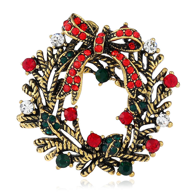 

Golden Silver Retro Christmas Wreath Crystal Brooches Pins for Children Vintage Breastpin Round Rhinestone Badge European US Style Lapel Pin