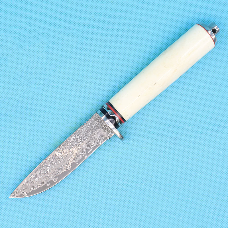 

High End Damascust Hunting Knife Damascus Steel Blade Bone Handle Fixed Blade Knives With Leather Sheath