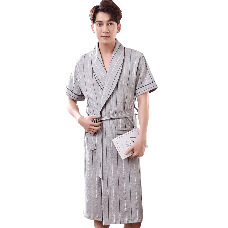 Men's Sleepwear Striped Robe Men Summer Short Sleeve Cotton Bathrobe Male V-neck Sexy Dressing Gown Homewear Spas Long Bath