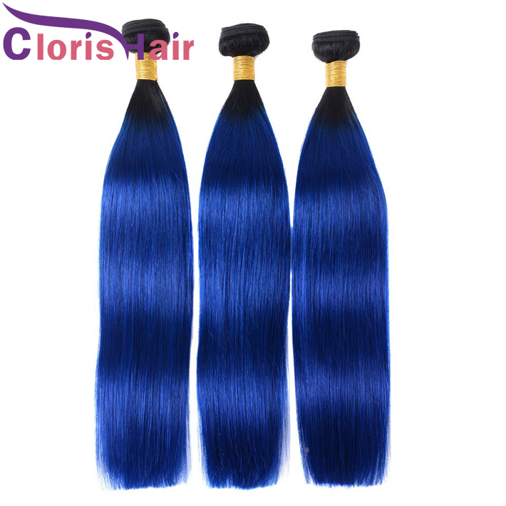 

Raw Indian Virgin Ombre Hair Weaves 3 Bundles Silky Straight Colored Two Tone 1B Blue Remy Human Hair Extensions For Sale, T1b/blue