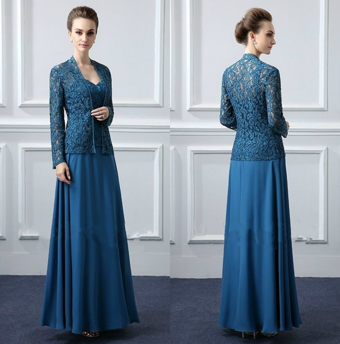 

Dark Blue Lace Mother Of The Groom Dresses With Jacket Floor Length Modest Wedding Guest Gowns Chiffon Plus Size Evening Wear