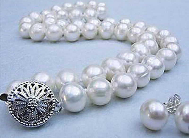 

8-9MM Real Natural White Akoya Cultured Pearl necklace earrings Jewelry set 18"