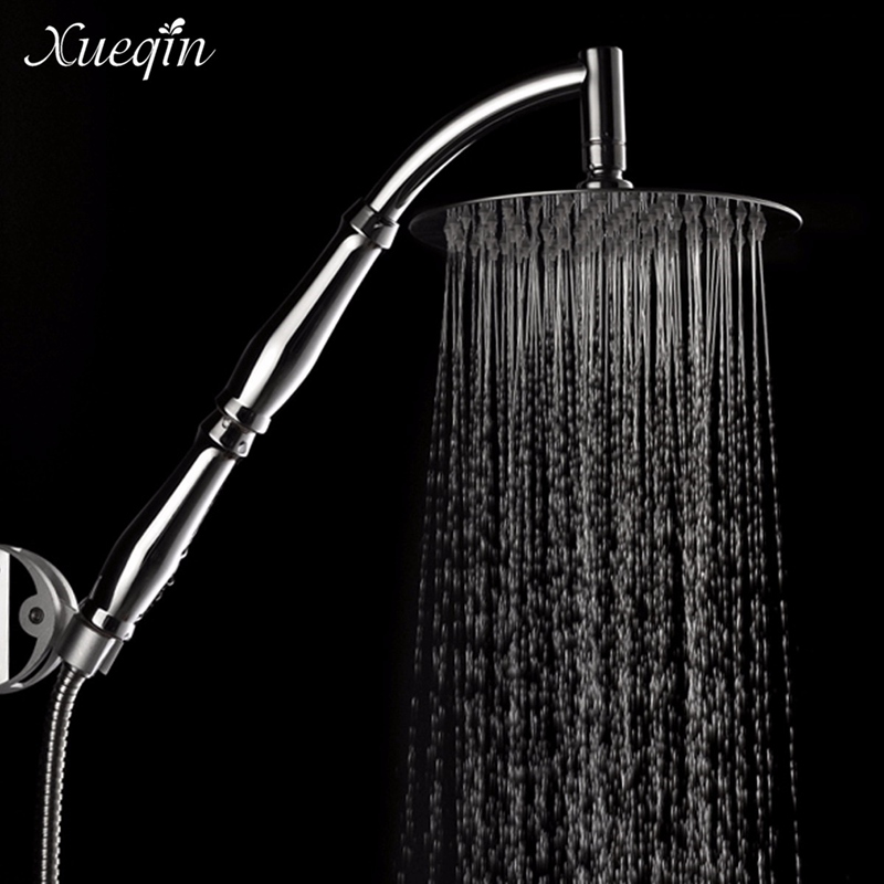 Xueqin Bathroom 8 inch Round Rain Top Shower Head Set Stainless Steel Wall Mounted Extension Shower Arm Water Hose-image-416806316
