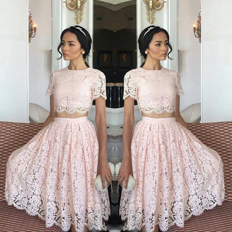 

Lace Two Pieces Party Dresses Light Pink Short Sleeves Short Prom Dress Knee Length Homecoming Gowns Cheap Vestidos, Silver