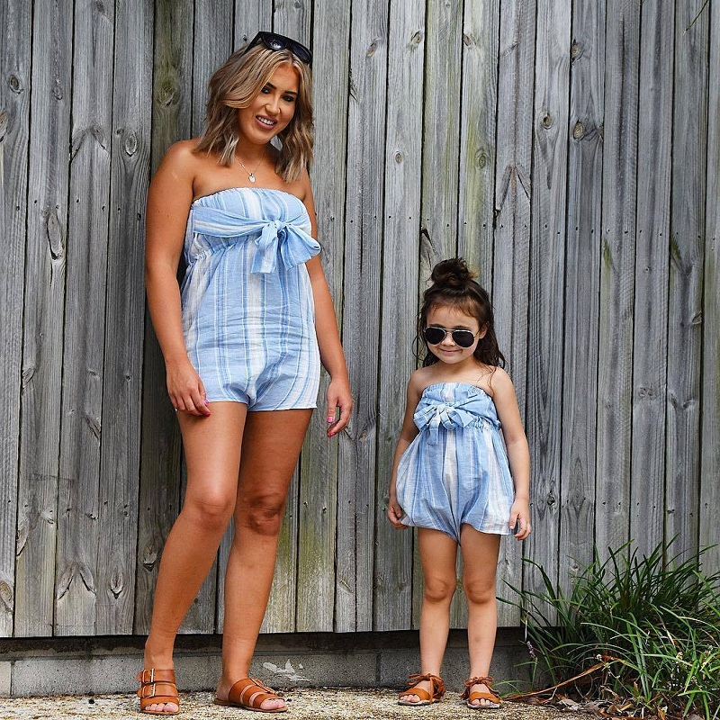 

Vieeoease Girls Jumpsuits Stripe Family Matching Outfits 2018 Summer Sleeveless Bow Clothing for Mommy and Me EE-594, Blue