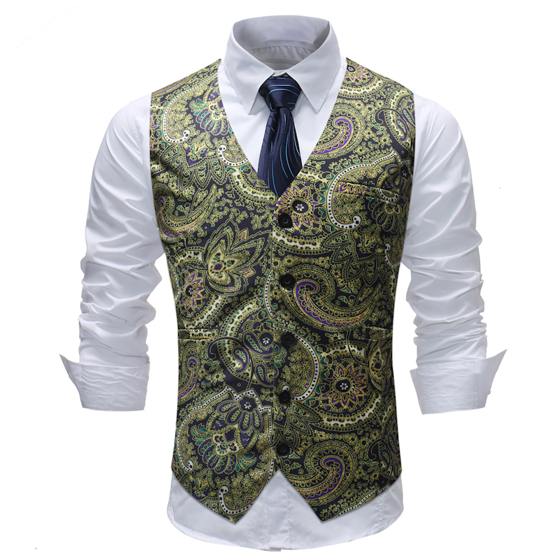 

Mens Hipster Paisley Suit Vest 2018 Autumn New Slim Fit Sleeveless Waistcoat Men Business Wedding Vest Men Gilet Costume Homme, As picture show