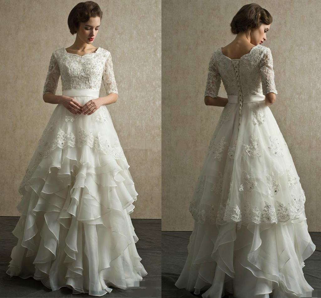 

Vintage Half Sleeves Wedding Dresses Scoop Neck Appliqued Beaded Tiered Organza Floor Length country Beach Wedding Gowns Lace Up, Ivory