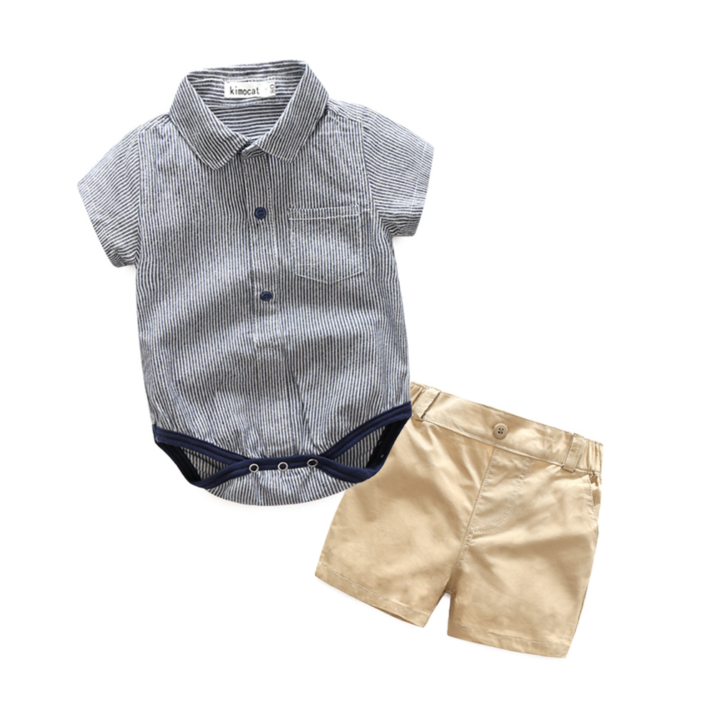 

baby boy Designer clothing romper sets turn down short sleeve stripped print romper + short 100% cotton high quality boy baby romper clothes, Accept the size and color choose