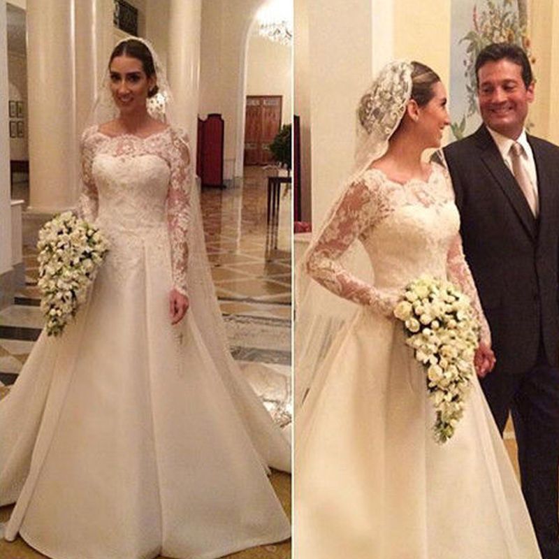

Modest Long Sleeve Wedding Dresses Sheer Bateau Neck Illusion Lace Sleeves Appliques Top Satin Bridal Gowns with Train Custom Made, Ivory