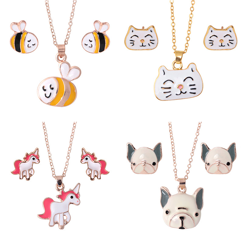 

Animal Jewelry Set Chain Kids Cartoon Horse Dog Bee Necklace Earrings Sets For Girls Gifts wholesale, Silver