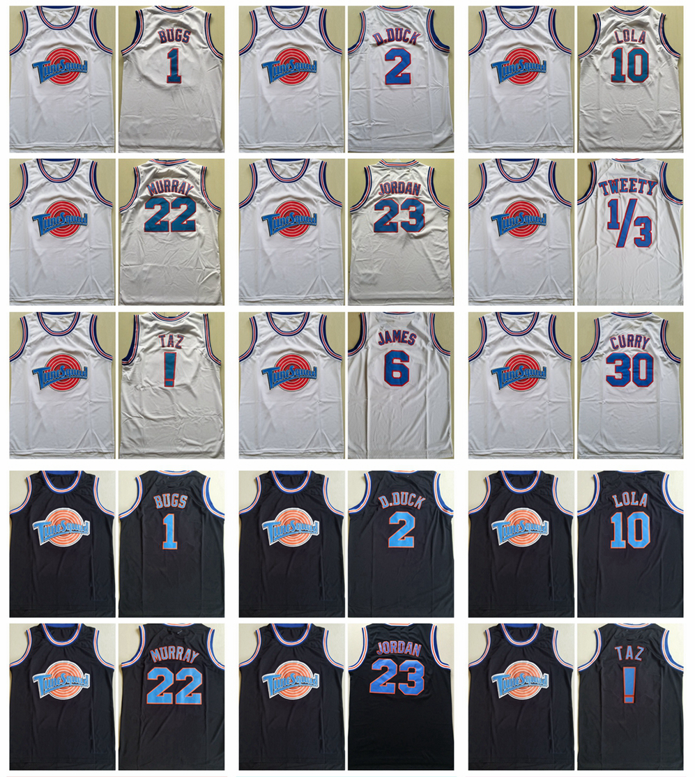 

Mens Tune Squad Space Jam Moive Basketball Jerseys LOONEY TOONES 22 Murray 1 Bugs ! TAZ 10 Lola 2 D.DUCK 23 Michael 1/3 Tweety 6 James 30 Curry Shirts, White 22