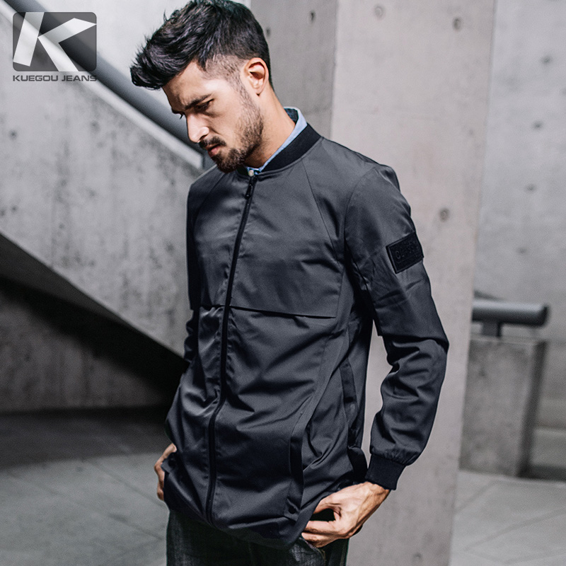 KUEGOU New Autumn Mens Hooded Trenchs Spliced Letter Gray Long Coats Clothing Man's Slim Overcoat Male Windbreaker Jackets 3832