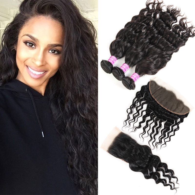 

Raw Brazilian Virgin Hair Vendors Water Wave 3 Bundles With Lace Closure Frontal Human Hair Extensions Wefts Indian Peruvian Weave Bundles