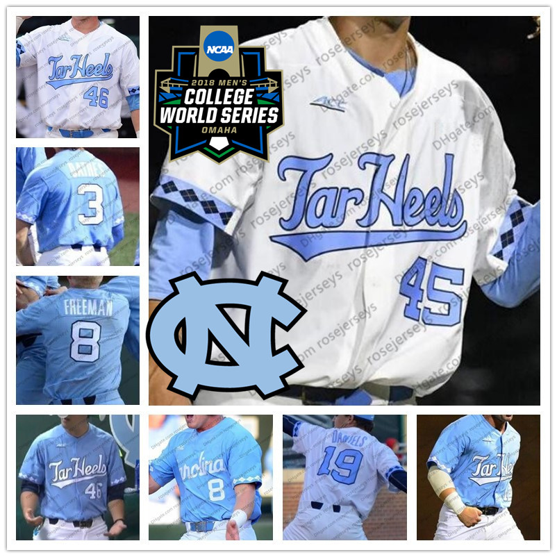 

UNC North Carolina Tar Heels #1 Danny Serretti 5 Ashton McGee 8 Ike Freeman 26 Jackson Hesterlee 2019 CWS Baseball White Blue Jerseys, White with 2018 cws patch