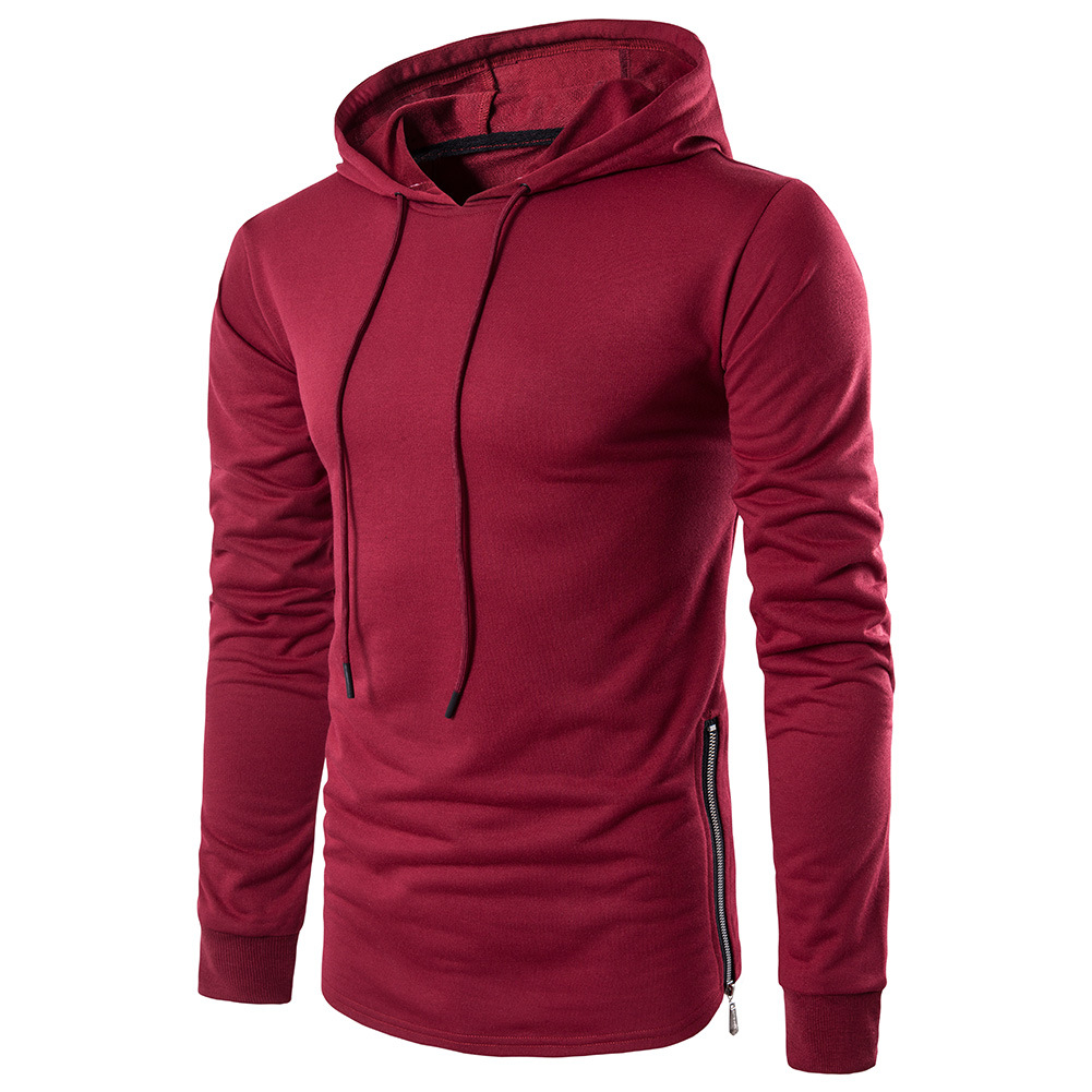 

New 2018 Spring Autumn Men's Long-sleeved Hoodie T Shirt Solid Slim Casual Breathable Zipper On Side T-shirt, Red