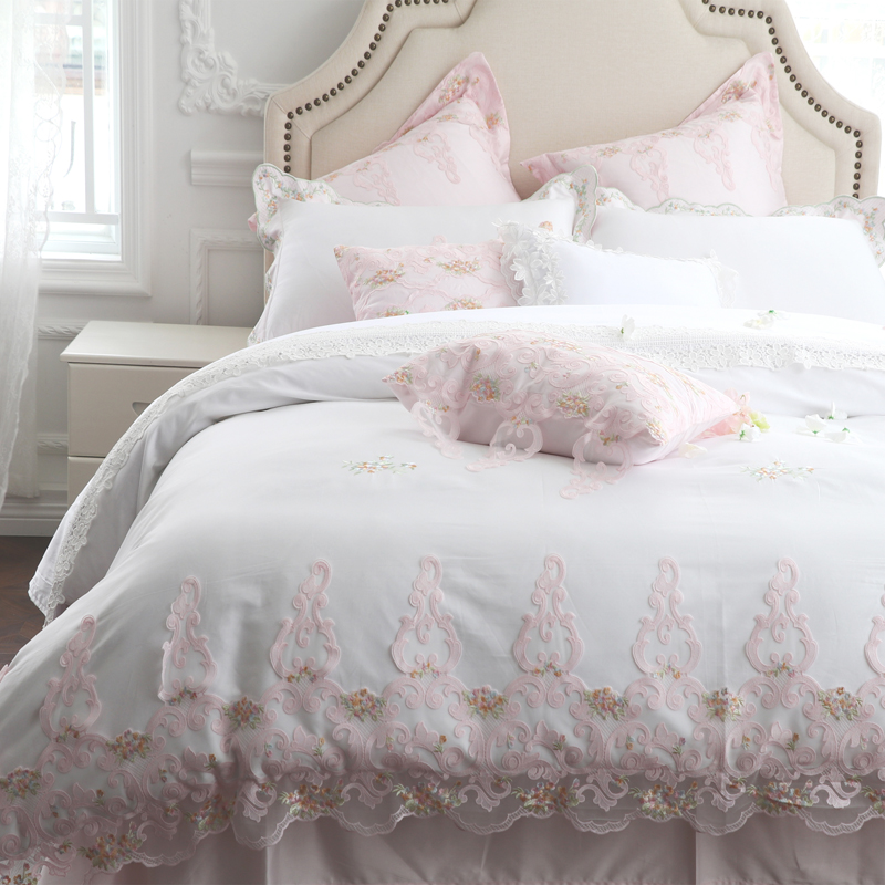 60s Egyptian Cotton Luxury White Princess Girl Bedding Set Pink