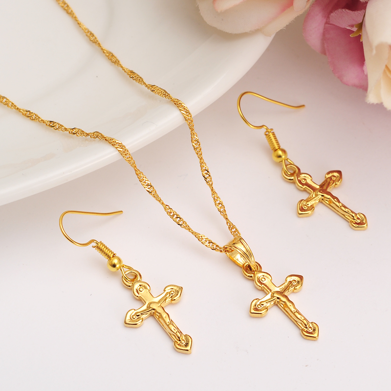 

Special Design Christian Vogue True Real 24K Solid Fine Gold GF Crucifix Cross Timeless Charm Earrings Pendant Chain Set, Golden