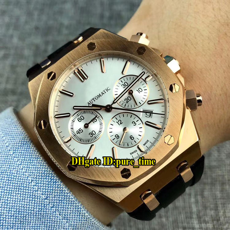 New 45mm Royal Date Automatic White Dial Mens Watch Rose Gold Case Blue Rubber Strap Original Buckle Gents Watches PureTime