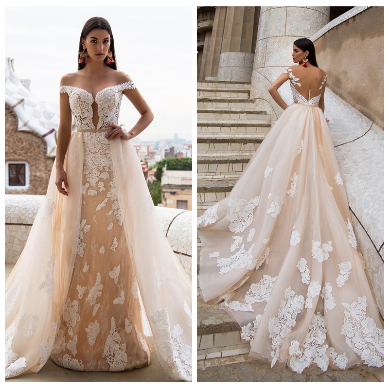 

2018 Sheer Short Sleeves Lace Wedding Dresses Mermaid Full Skirts Applique Illusion Custom Backless 2018 Country Vintage Bridal Gowns, Silver