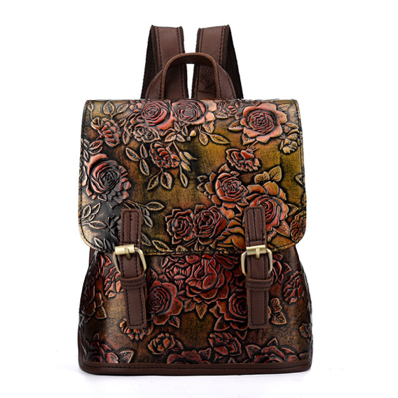 

Female Vintage Embossed Handmade Women's Big Hand bag Lady Shoulder Genuine Leather Backpack Women High Capacity Wipe color School Bags, Brown