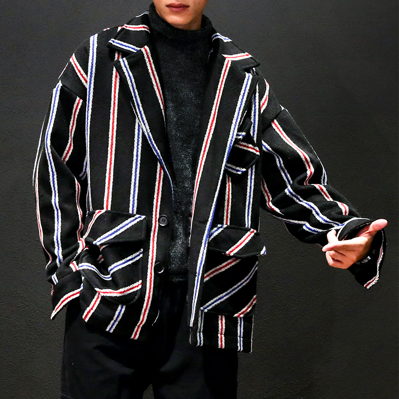 

Japan Style Plus Size Jackets Men Autumn Winter Hot Striped Mens Casual Jacket Long Sleeve Turn Down Collar Warm Outwear Coats, Black