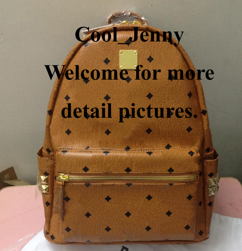 

High quality Punk rivet men double shoulder backpack large capacity designer student school bookbag women daypack backbag, Brown