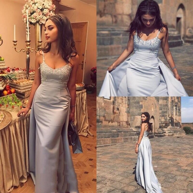 

A Line Spaghetti Prom Dresses Applique Beads Overskirt Evening Gowns Red Carpet Floor Length Sexy Formal Dress Evening Gowns, Hunter
