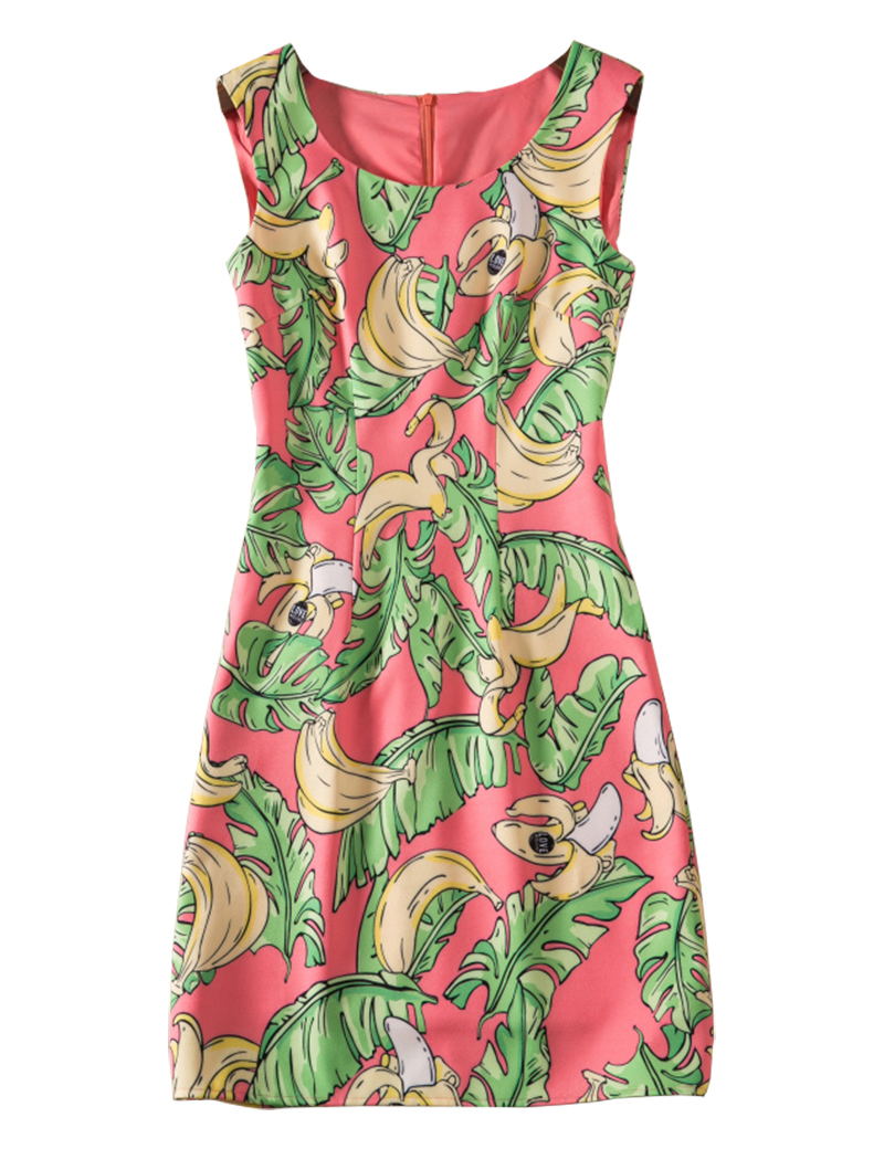 

Flower Print Women Sheath Dress Round Neck Sleeveless Dresses 05K812, As pictures