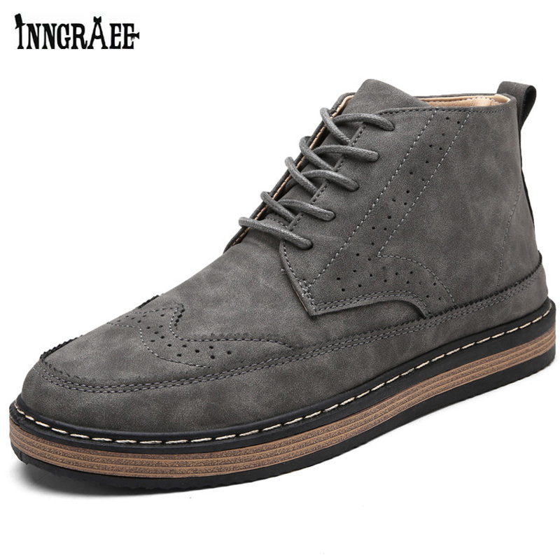 New 2018 High Top Winter Shoes Fashion PU Leather Men Boots Brogue Ankle Motorcycle Boots For Male B1111