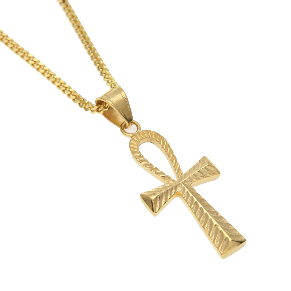 Stainless Steel Cut Pattern Ancient Egypt Pharaoh Ankh Key Cross Hip Hop Men Women Pendant Necklace Jewelry